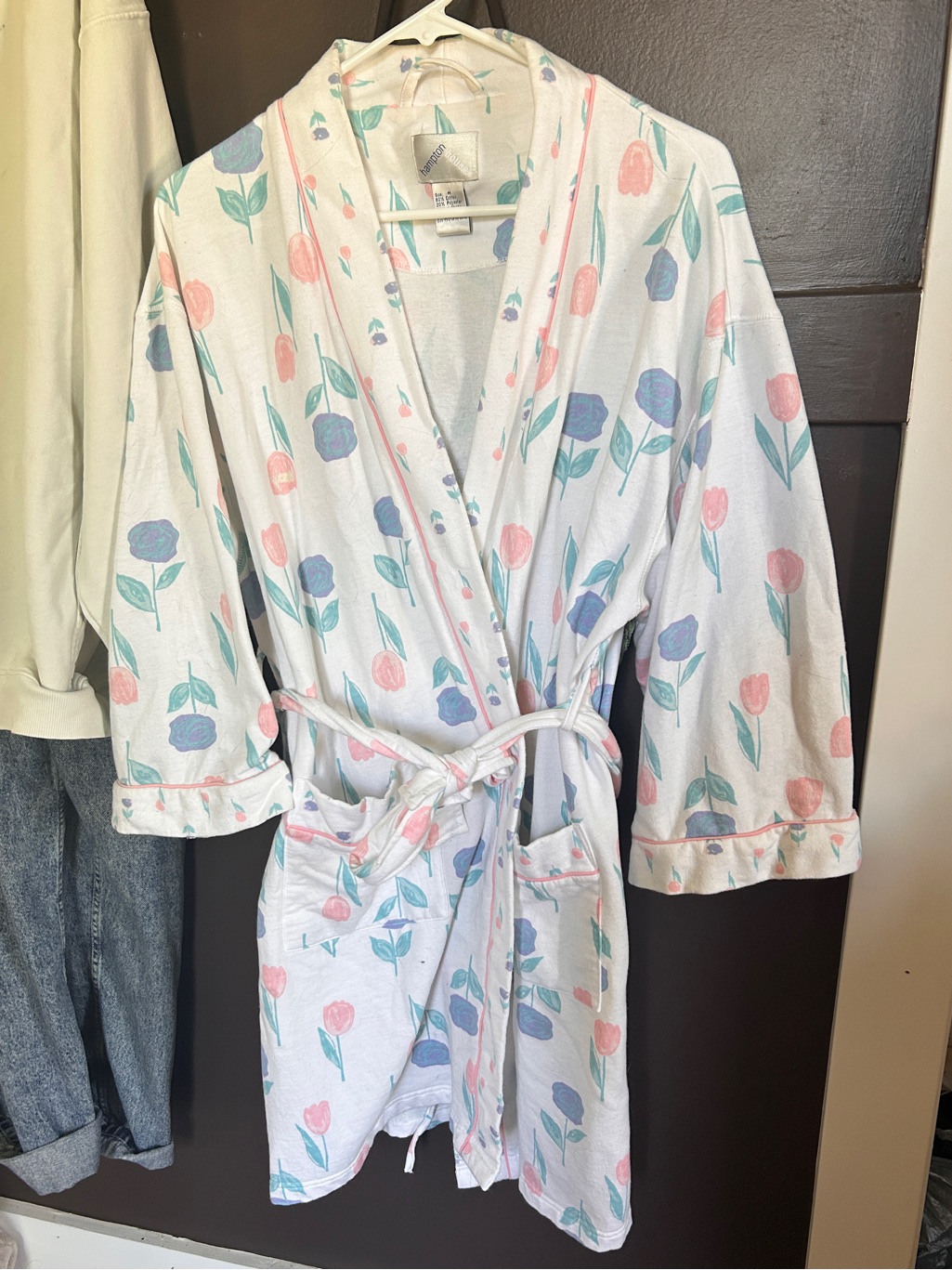 Vtg Floral Tulip Print Cotton Robe - Pastel Pink & Blue
